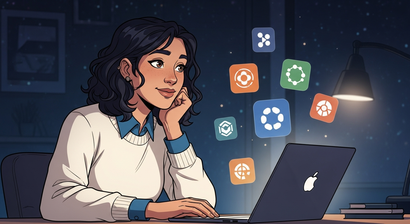 Founder researching AI app brands at her laptop